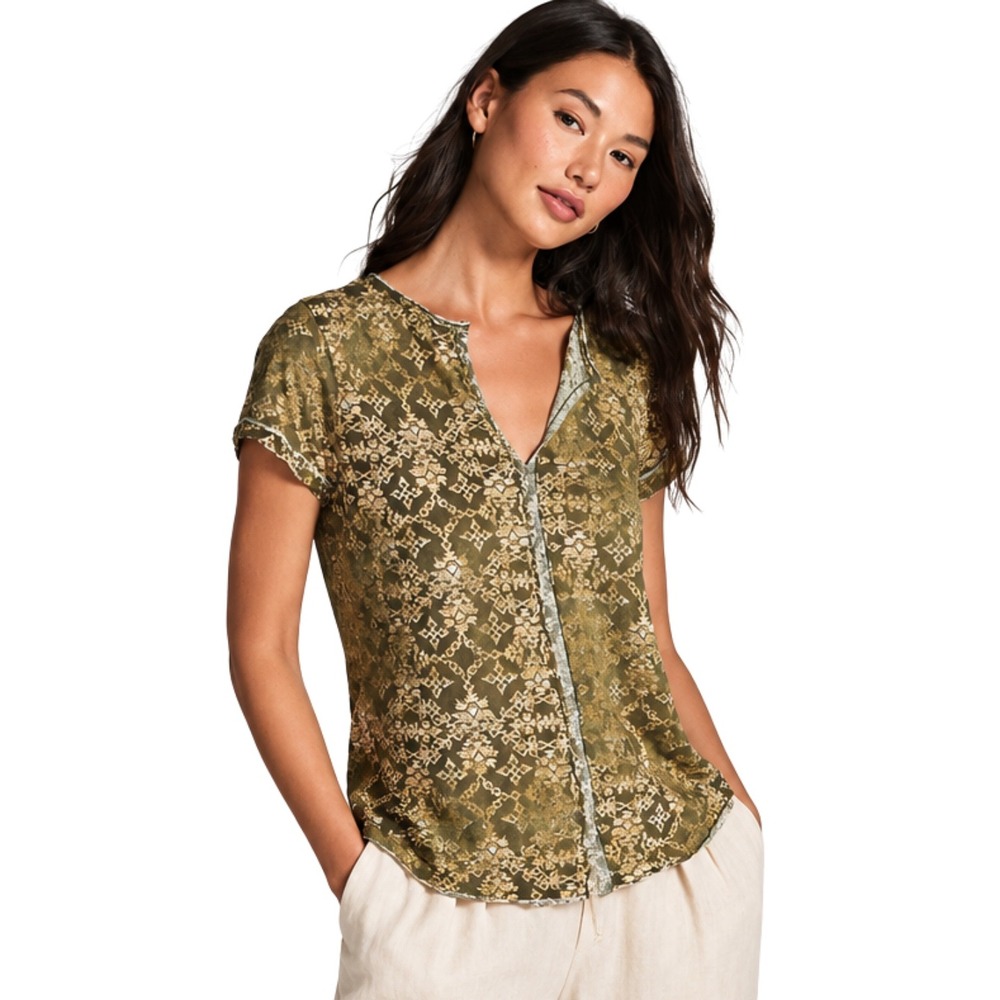Anthropologie Pilcro Top Small Olive Green Medallion Print Split Neck Cotton